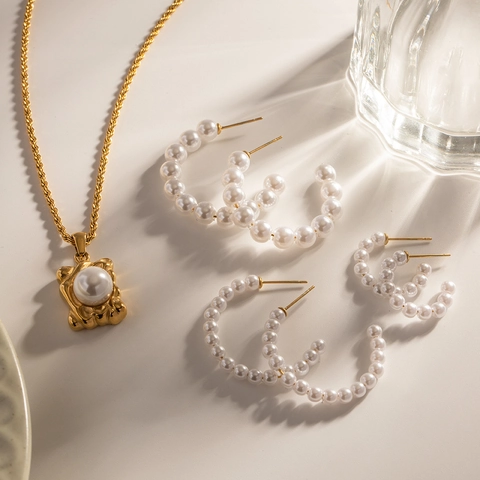 Pendientes De Aro En Forma De C Acero Inoxidable Perla Artificial Geométrica Minimalista Estilo Ins Joyería Elegante