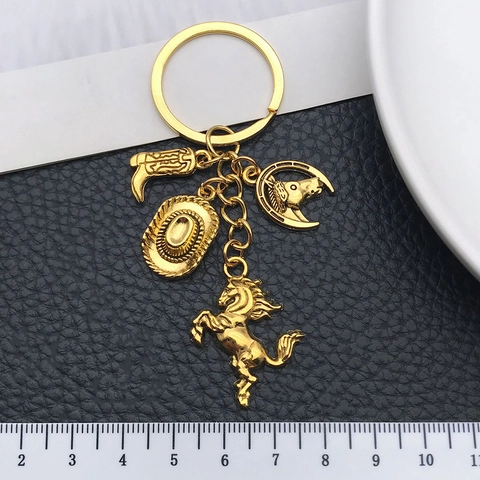 Portachiavi Vintage Western Cowboy in Lega di Zinco Antico Oro Argento Ciondolo Cavallo Cappello Ferro di Cavallo Stivale Portachiavi