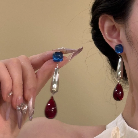 Vintage Tropfen Ohrhänger Mit 925 Sterling Silber Ohrstecker Acryl Blau Rot Langer Tropfen Hofstil Damen