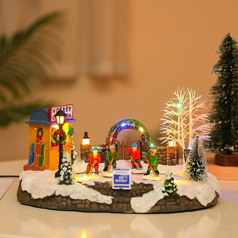 Animated Musical Christmas Village Ice Hockey Rink LED Luminous Resin Snow Scene House Desktop Holiday Ornament Gift