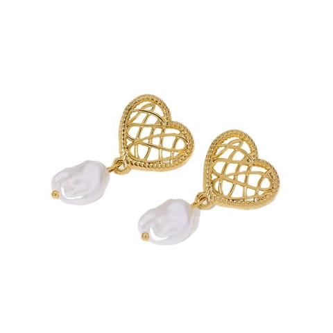 Pendientes De Gota De Perla Artificial De Corazón Acero Inoxidable 304 Chapado En Oro 18K Perla Barroca Artificial Irregular Retro Elegante
