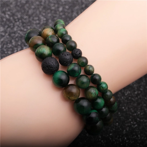 Natural Green Tiger Eye Stone Beaded Bracelet With Black Lava Volcanic Rock Elastic Handmade Jewelry For Men Women