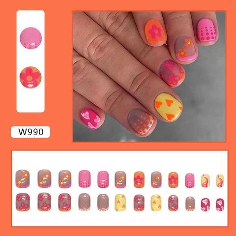 Press On Nails Short French Floral Heart Pattern Colorful Fake Nails Manicure Decoration For Women Girls Plastic Resin