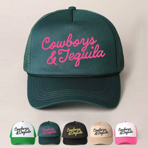 Cowboys And Tequila Printed Trucker Hat For Women Polyester Mesh Curved Brim Adjustable Retro Western Style