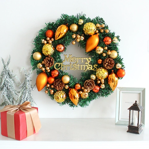 Ghirlanda Di Natale Aghi Di Pino Artificiali Ornamenti Oro Arancione Pigne Naturali Merry Christmas Segno Porta Parete Decor