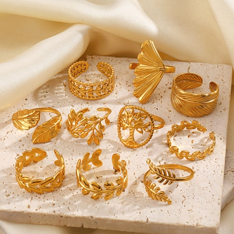 Blad Ringen 18K Verguld Roestvrij Staal Verstelbaar Open Ontwerp Levensboom Veer Ginkgo Sieraden Voor Dames