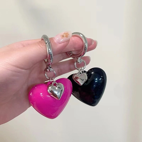 Heart Keychain Resin Large Love Bag Pendant With Small Alloy Heart Charm Korean Style Shiny Decorative For Keys And Bags