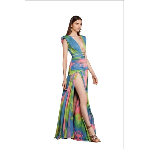 Robe Maxi Tie Dye À Col En V Profond Sans Manches Avec Fente Haute Froncée Imprimé Abstrait Été Sexy