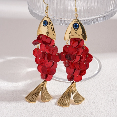 Pendientes Colgantes Forma Pez Aleación Tono Dorado Concha Lentejuelas Escama Largo Declaración Boho Para Mujeres