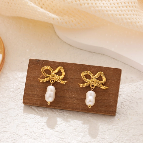 Elegant 18K Gold Plated Copper Bow Knot Artificial Pearl Drop Earrings Fashion Jewelry For Women Wedding Party Gift