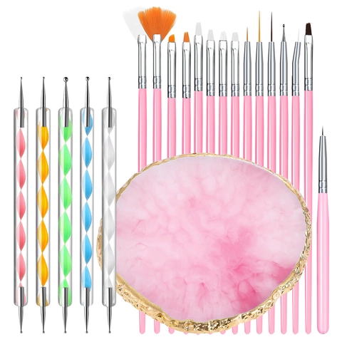 Professional Nail Art Brushes Dotting Pens With Resin Marble Palette For Manicure Painting Drawing Design DIY Beauty Accessories
