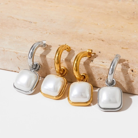 Elegant Square Faux Artificial Pearl Dangle Earrings For Women Gold Plated Stainless Steel Minimalist Geometric Drop Jewelry