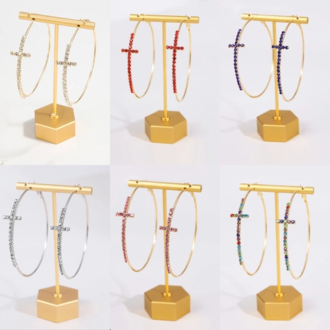 Orecchini Cerchio Lega Con Strass E Croce E Perno Acciaio Inossidabile Gioielli Brillanti Cerchio Grande Donna