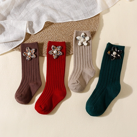 Kids Girls Mid Tube Socks Knit Cotton Ribbed With Floral Flower And Faux Artificial Pearl Christmas New Year For Toddler Baby