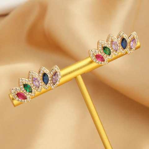 Crown Marquise Multi Color Zirconia Copper Earrings With 925 Sterling Silver Earring Post Gold Plated Luxurious Jewelry For Women