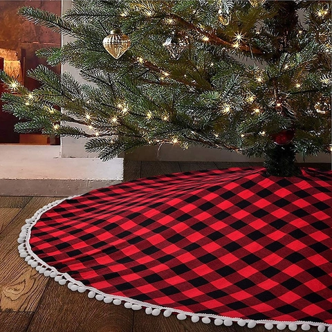Jupe De Sapin De Noël À Carreaux Buffalo Ronde Tapis De Base Avec Bordure À Pompons Décoration De Fête