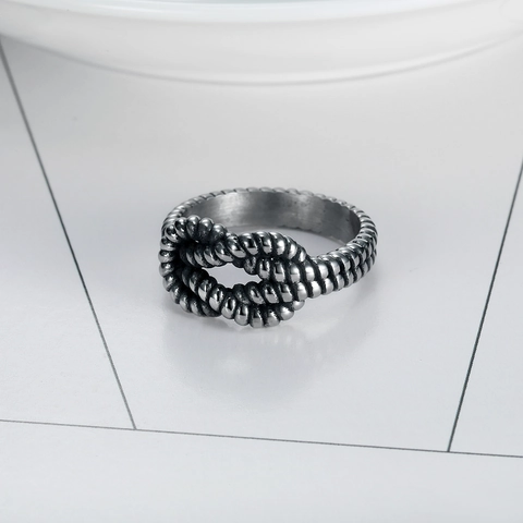 Vintage Rope Knot Ring Stainless Steel Twisted Braided Texture Oxidized Antique Silver Retro Punk Jewelry For Men Women
