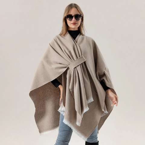 Damen Strick Poncho Schal Mit Quasten Vorne Binden Einfarbig Polyester Mode Eleganter Wickel Umhang Für Den Alltag Party