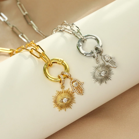 Micro Zircon Hamsa Hand Evil Eye Pendant Necklace Copper Paperclip Chain Spring Ring Clasp Amulet Jewelry For Women