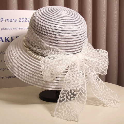 Women Elegant Hepburn Style Straw Sun Hat With Large Lace Bow And Pearl Decoration Foldable Breathable Fisherman Bucket Hat For Beach Travel Vacation