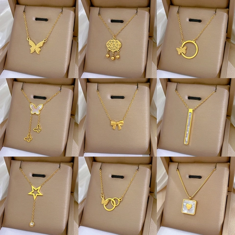 Collane Con Pendente In Acciaio Al Titanio Minimaliste Donna Farfalla Geometrica Cuore Numeri Romani Gioielli
