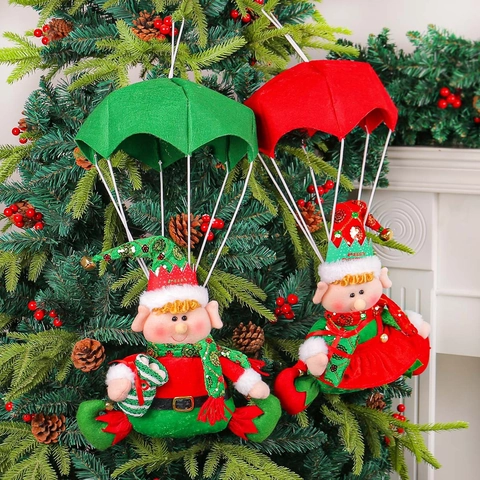 Christmas Parachute Elf Hanging Decoration Fabric Plush Ornament For Tree Window Home Festive Decor Red Green