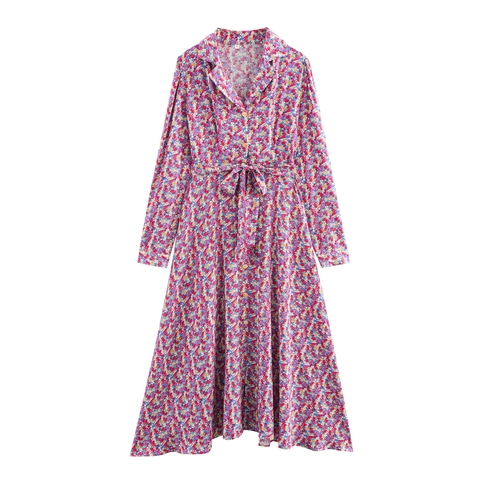 Maxi-Jurk Met Bloemenprint Lange Mouwen Reverskraag Tailleband Franse Pastorale Stijl Elegante Polyester Damesjurk
