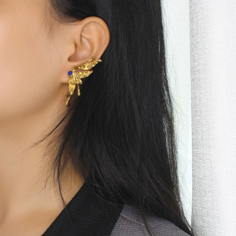 Butterfly Wing Stud Earrings Gold Plated Stainless Steel Liquid Metal Style With Inlaid Round Gemstone Art Jewelry