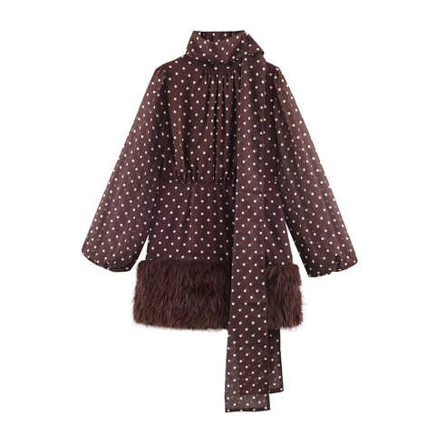 Polka Dot Chiffon Mini Jurk Met Strikkraag Lange Mouwen Namaakbont Zoom Bodycon Sexy Elegant Bruin Voor Dames