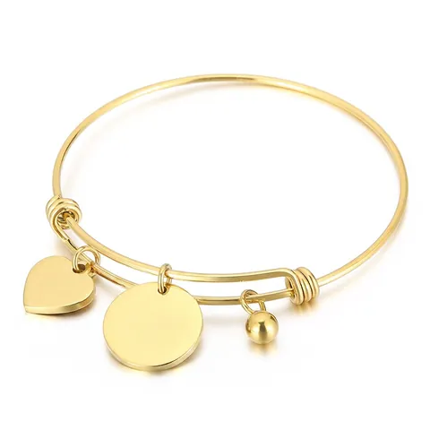 Stainless Steel Adjustable Bangle Bracelet With Engraved Heart And Round Love Charms Minimalist Fashion Jewelry For Women