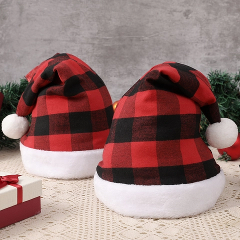 Gorro De Navidad Cuadros Rojo Negro Tela Con Borde De Peluche Pelo Sintético Blanco Adulto Decoración