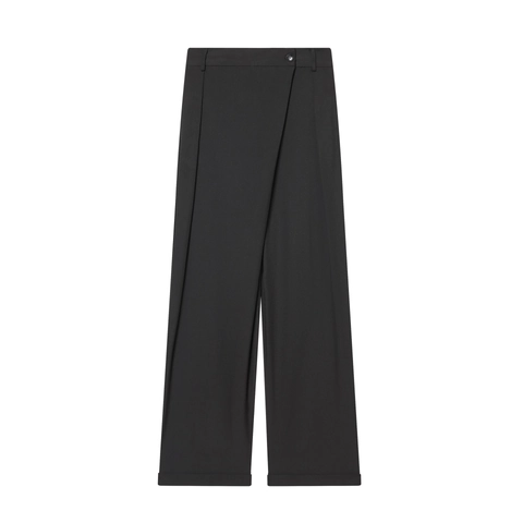 Damen Weite Hose Asymmetrische Überlappende Hohe Taille Knopf Lässige Lange Hose Polyester Einfarbig Schwarz