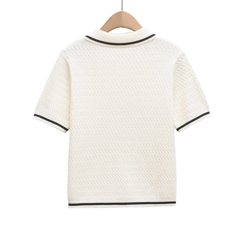 Dames Gebreid Poloshirt Korte Mouwen Contrast Bies Kabeltextuur Retro Reverskraag Polyester Top
