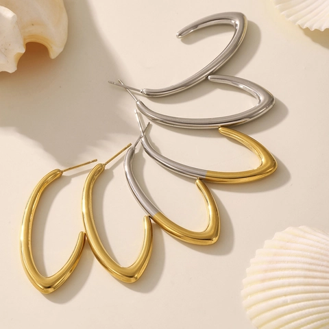 Orecchini A Cerchio A Forma Di C In Acciaio Inossidabile Placcato Oro 18K Bicolore Lucido Geometrico Per Donna