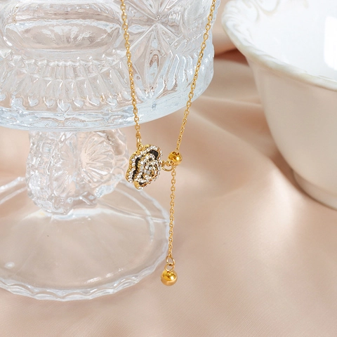 Rose Pendant Necklace Stainless Steel Micro Paved Rhinestone Enamel Adjustable Pull Chain For Women