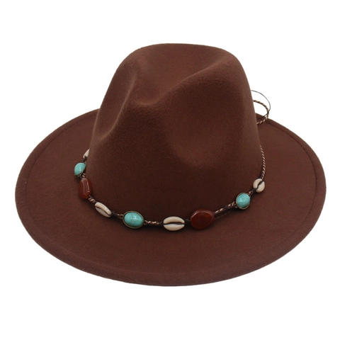 Bohemian Fedora Hat Wide Brim Felt Gemstone Beaded Band Shell Decoration Western Ethnic Style Vintage Jazz Fedora Hat