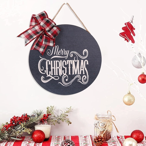 Christmas Wood Hanging Sign Round Wooden Door Plaque Merry Christmas Printed Jute Rope Bowknot Wall Porch Decor Farmhouse
