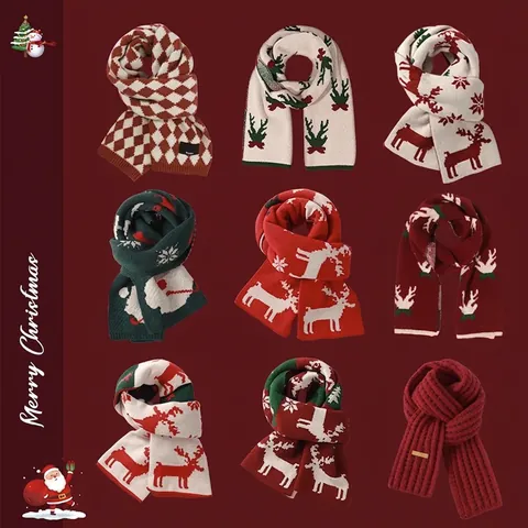 Sciarpa In Maglia Di Natale Acrilica Calda Inverno Renna Fiocco Di Neve Fantasie Festive Per Donne Uomini Bambini