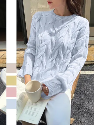 Cable Knit Sweater Acrylic Round Neck Long Sleeve Loose Fit Pullover Casual Minimalist Soft Fall Winter Women Clothing