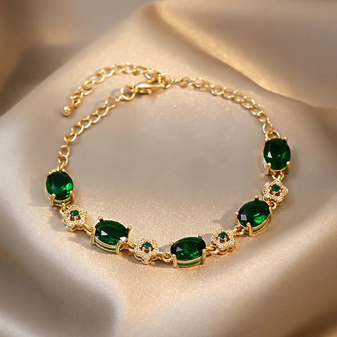 Luxury Emerald Zircon Crystal Bracelet Copper Alloy Gold Plated Geometric Floral For Women Adjustable Jewelry