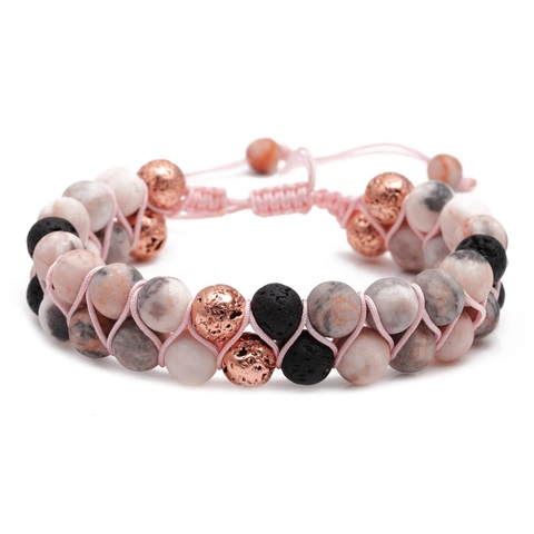 Bracelet En Perles De Pierre Zèbre Rose Et Pierre De Lave Avec Cuivre Tressé À La Main Réglable Pour Couples