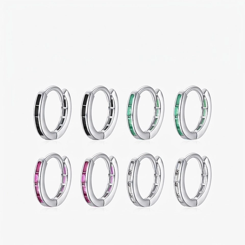 Baguette Cut Colored Cubic Zirconia Huggie Hoop Earrings 925 Sterling Silver Minimalist Small Jewelry For Women