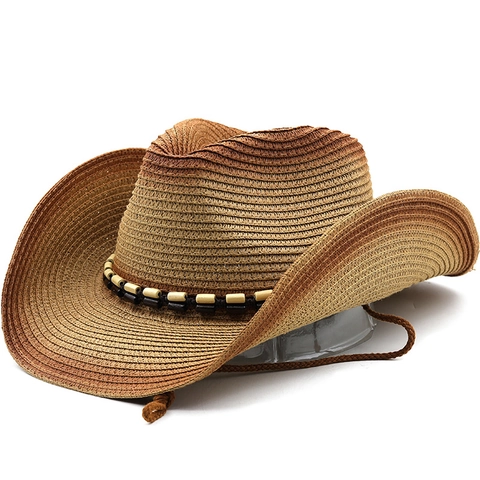 Western Cowboy Straw Hat Wide Brim Gradient Color Beaded Band Adjustable Wind Rope Breathable Sun Protection