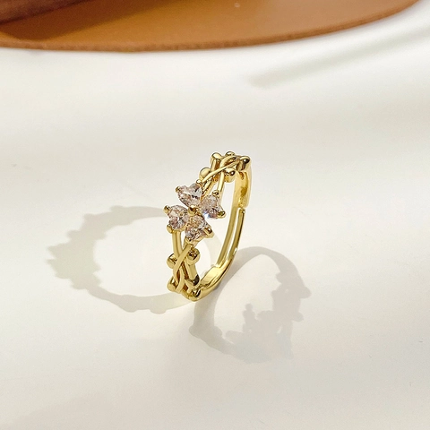Copper Leaf Flower Ring With Cubic Zirconia Artificial Pearl Adjustable Open Band Elegant Jewelry For Women