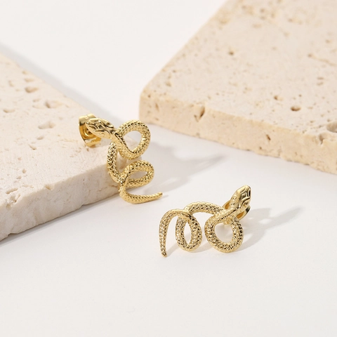 Snake Stud Earrings With Stainless Steel Earring Post Gold Plated Scale Texture S-Shaped Animal Design For Women