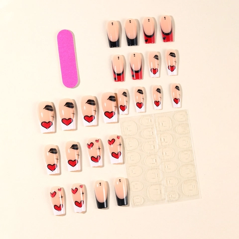 Unghie Finte San Valentino Plastica Motivo Cuore Impronte Di Labbra Stellato Nero Rosso Bianco French Tips Donne