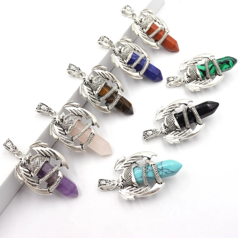 Retro Alloy Winged Dragon Wrapped Hexagonal Column Natural Stone Crystal Pendant Fantasy Gothic Punk Style Jewelry