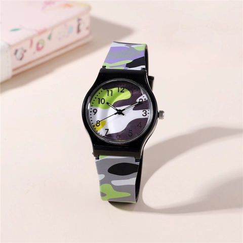 Orologio Al Quarzo Per Bambini Fantasia Mimetica Cinturino In Silicone Cassa In Plastica Display Analogico