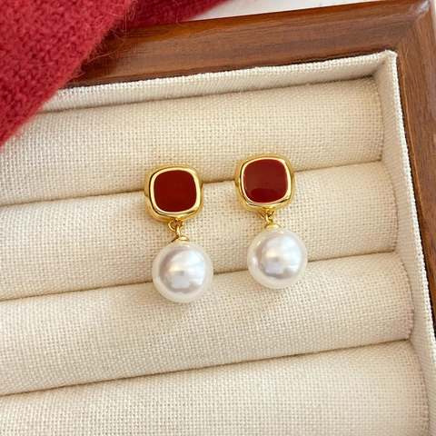 French Retro Geometric Square Drop Earrings With 925 Sterling Silver Earring Post Artificial Pearl Dangle