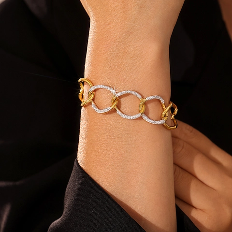 Pulsera de Cadena de Acero Inoxidable con Diamantes de Imitación para Mujer Color Dorado Anillo Eslabonado Moda